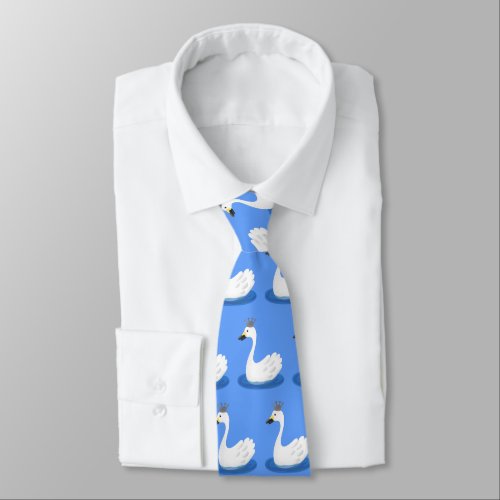 Cute white swan with crown cartoon neck tie