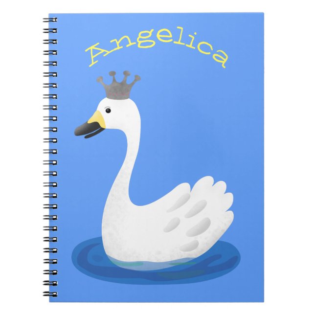 Cute white swan with crown cartoon notebook (Front)
