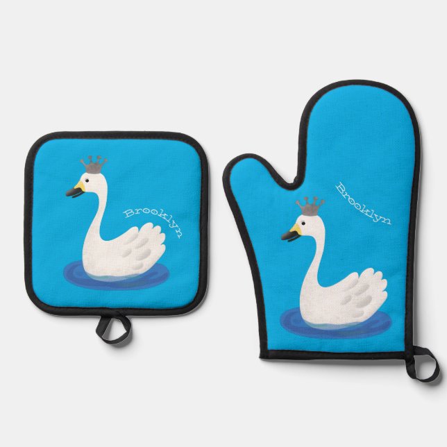Cute white swan with crown cartoon oven mitt & pot holder set (Front)