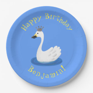 Cute white swan with crown cartoon paper plates