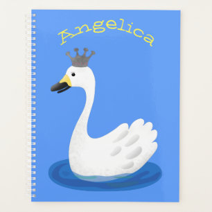 Cute white swan with crown cartoon planner