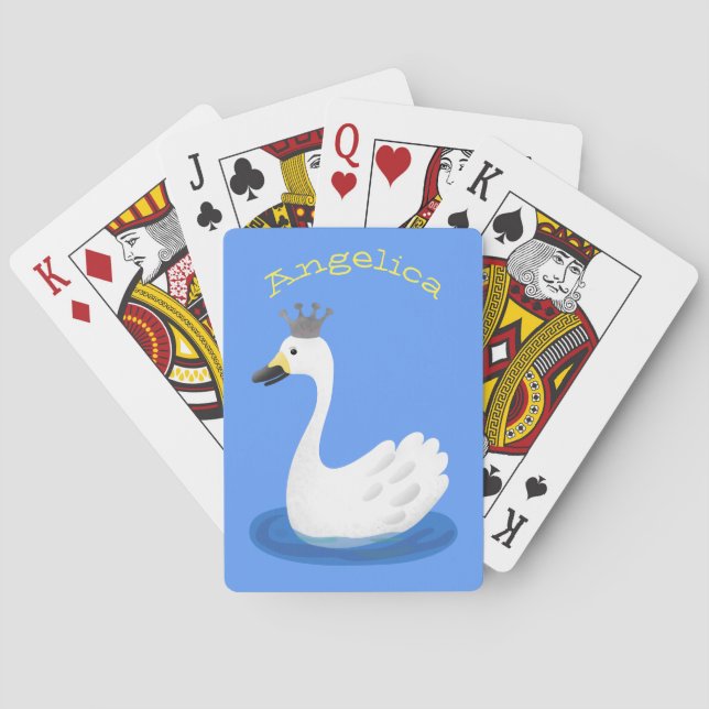 Cute white swan with crown cartoon poker cards (Back)