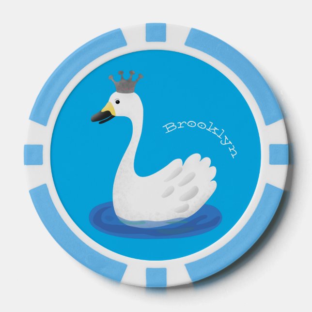 Cute white swan with crown cartoon poker chips (Front)