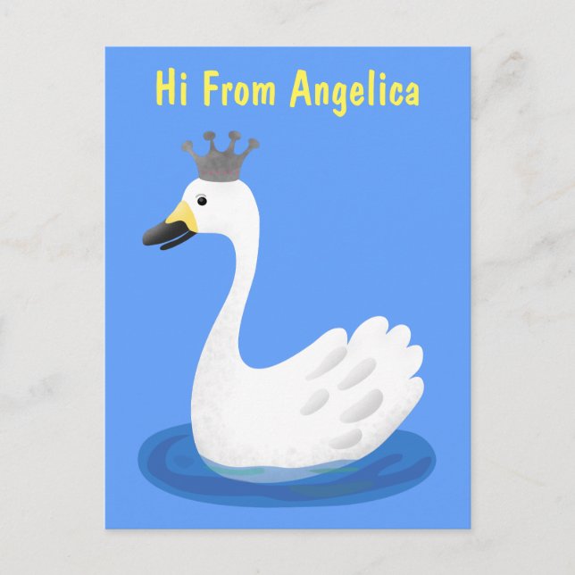 Cute white swan with crown cartoon postcard (Front)