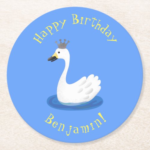 Cute white swan with crown cartoon round paper coaster