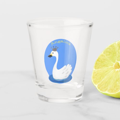 Cute white swan with crown cartoon  shot glass