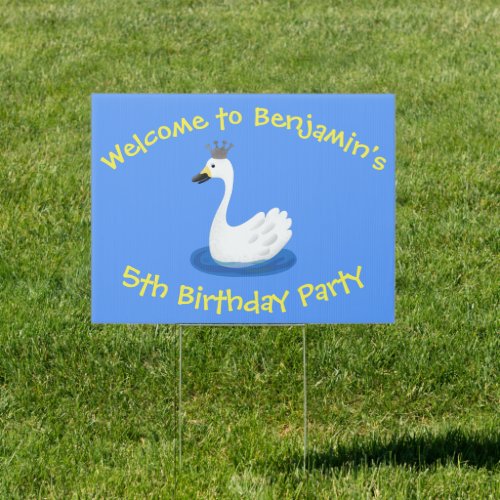 Cute white swan with crown cartoon sign