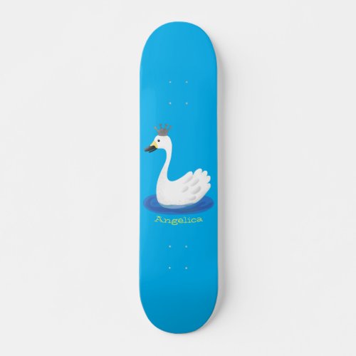 Cute white swan with crown cartoon skateboard