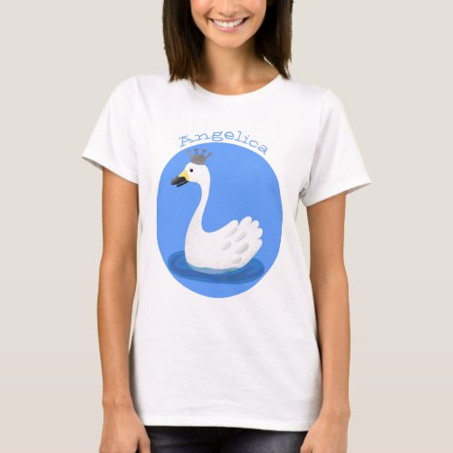 Cute white swan with crown cartoon T_Shirt