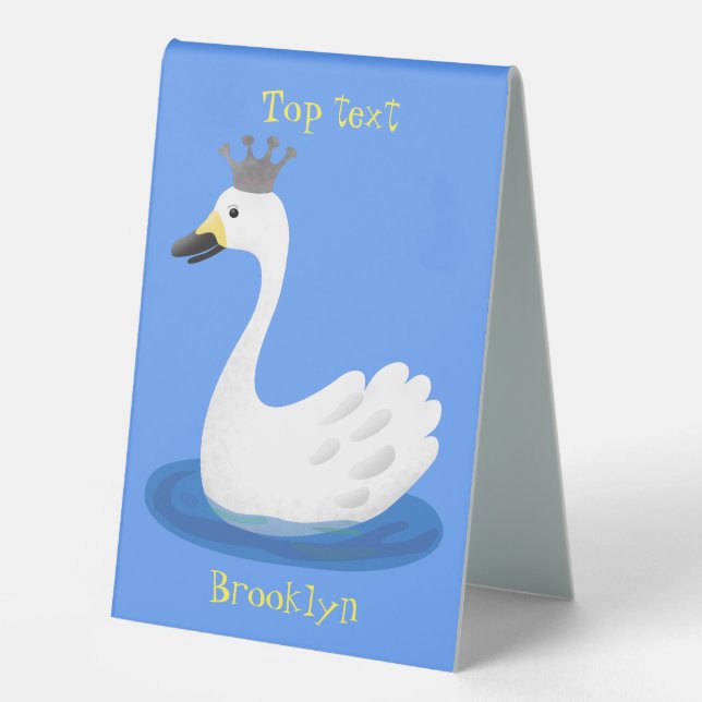 Cute white swan with crown cartoon table tent (Front)
