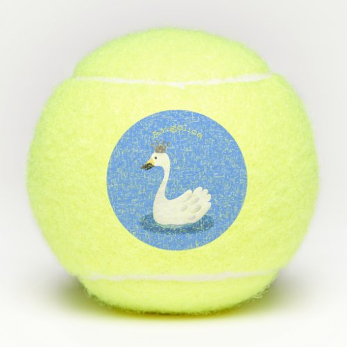 Cute white swan with crown cartoon tennis balls