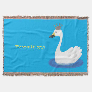 Cute white swan with crown cartoon throw blanket