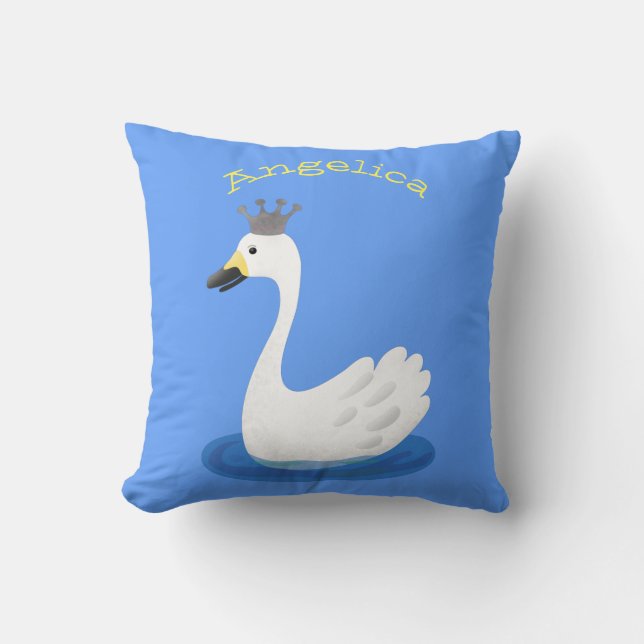 Cute white swan with crown cartoon throw pillow (Front)