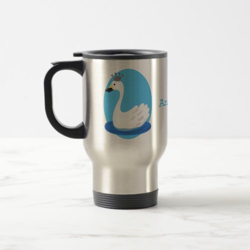 Cute white swan with crown cartoon travel mug