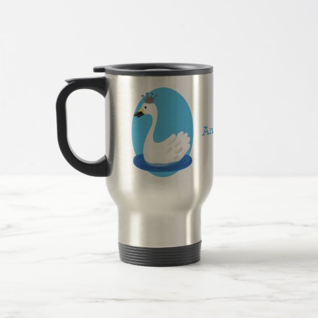 Cute white swan with crown cartoon travel mug (Left)