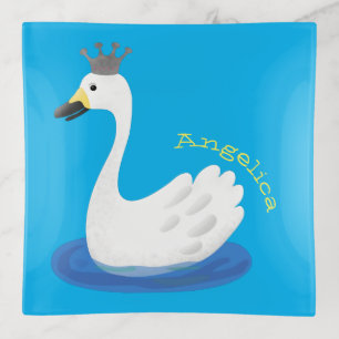 Cute white swan with crown cartoon trinket tray