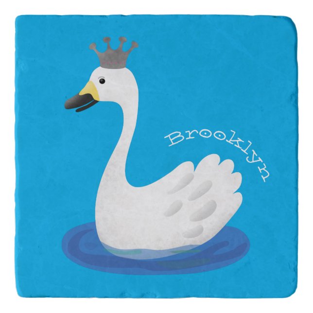 Cute white swan with crown cartoon trivet (Front)