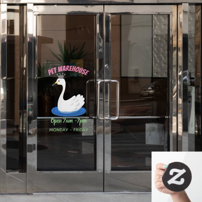 Cute white swan with crown cartoon window cling (Office Door)