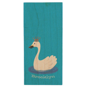 Cute white swan with crown cartoon wood flash drive