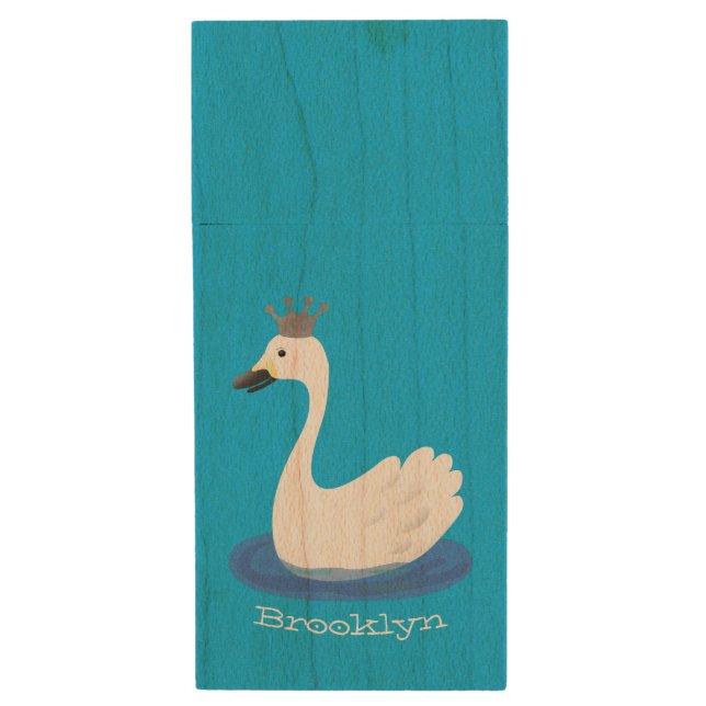 Cute white swan with crown cartoon wood flash drive (Front Vertical)