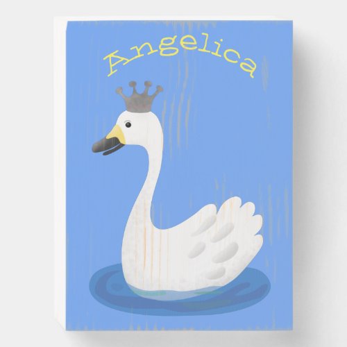 Cute white swan with crown cartoon wooden box sign