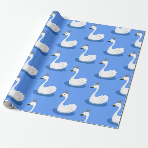 Cute white swan with crown cartoon wrapping paper