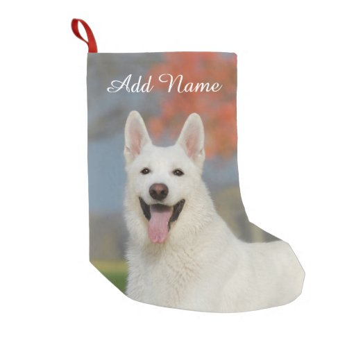 Cute White Swiss Shepherd Dog Photo _ Name Small Christmas Stocking