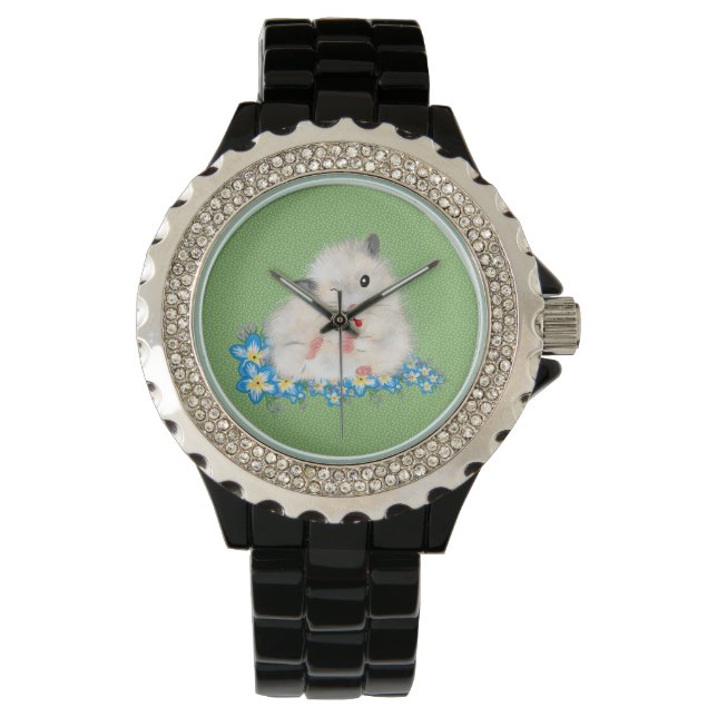 Cute white Syrian hamster accessories, green polka Watch (Front)