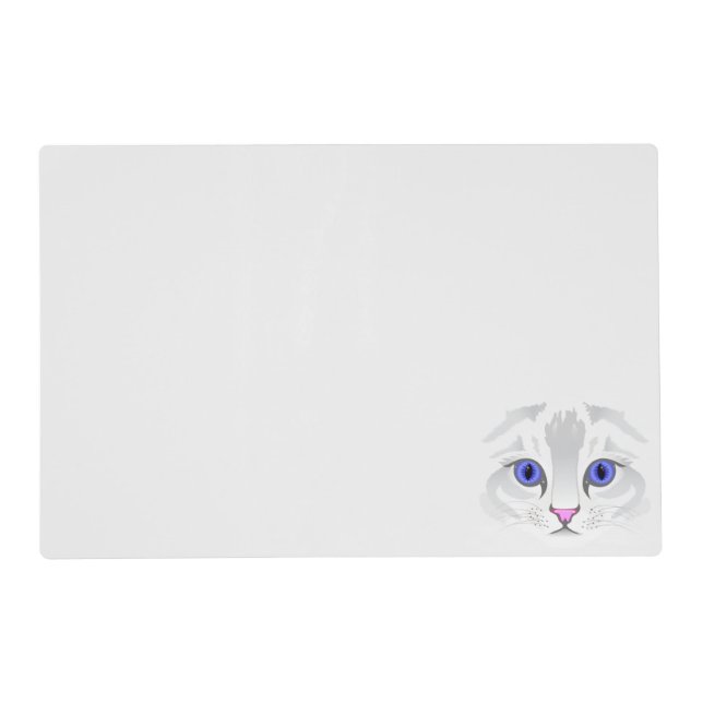 Cute white tabby cat face close up illustration placemat (Front)