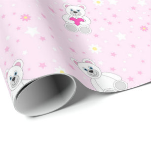 Cute White Teddy Bear Pink Baby Shower Pattern Wrapping Paper
