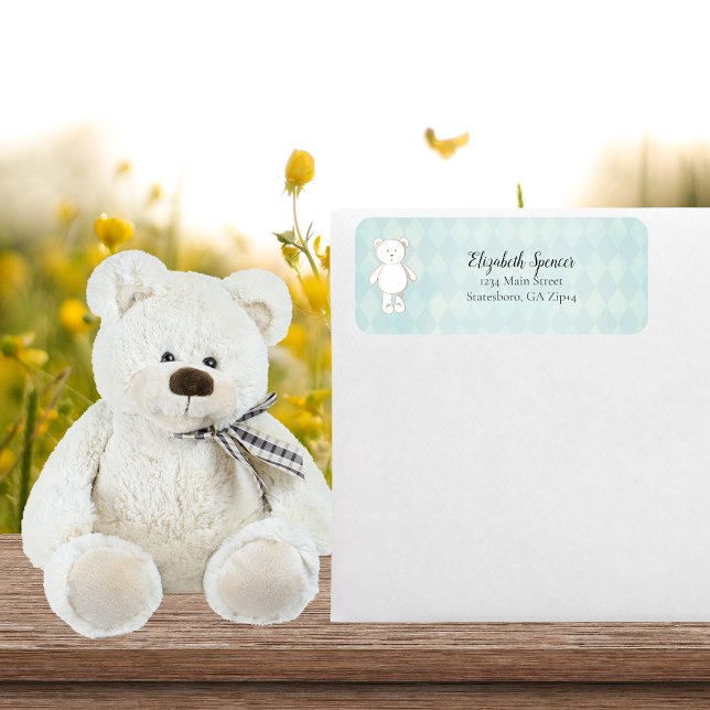 Cute White Teddy Bear Return Address | Aqua Blue Label (Creator Uploaded)