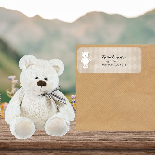 Cute White Teddy Bear Return Address  Tan Label
