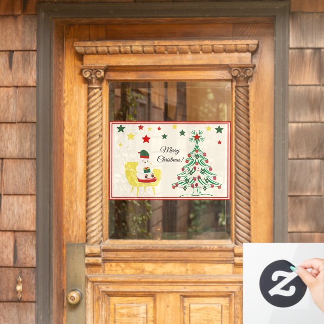 Cute White Teddy Bear Tree Stars Merry Christmas Window Cling (Home Door)