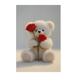 “Cute White Teddy Bear with Red Roses Acrylic Print