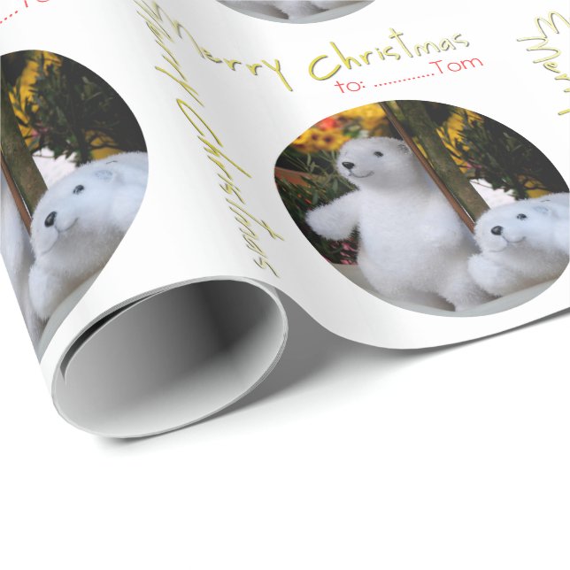 Cute White Teddy Bear Xmas Personalized Wrapping 2 Wrapping Paper (Roll Corner)