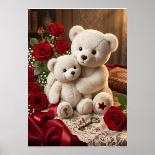 Cute White Teddy Bears With Red Flowers Art Fleece Poster