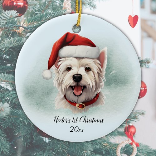 Cute White Terrier Monogram Name First Christmas Ceramic Ornament
