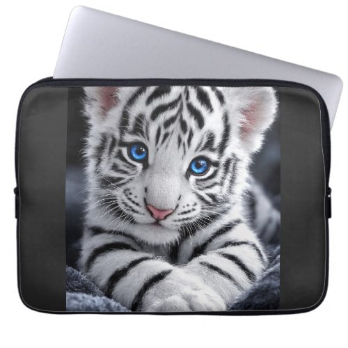 Cute White Tiger Cub Blue Eyes Wildlife Poster Laptop Sleeve