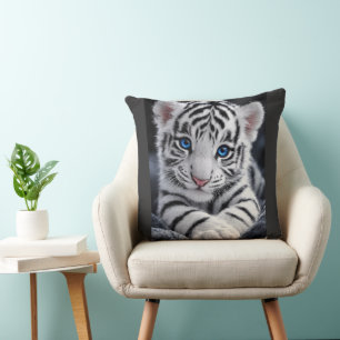 Cute White Tiger Cub Blue Eyes Wildlife Poster Throw Pillow