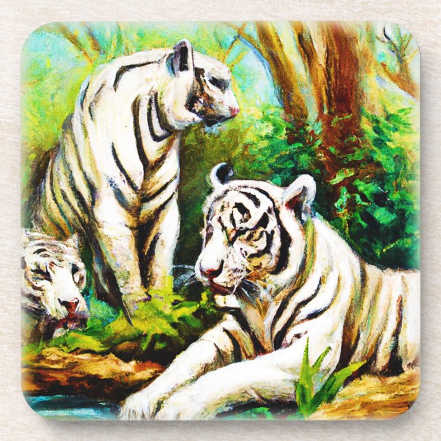 Cute White Tigers In The Jungle. Buy Now Beverage Coaster (Front)