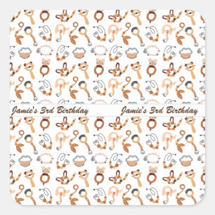 Cute White Toy Boho Pattern Illustration Birthday Square Sticker