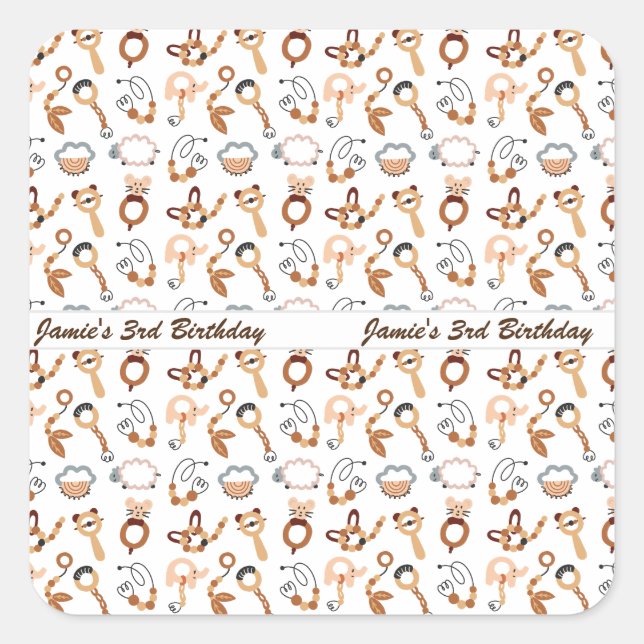 Cute White Toy Boho Pattern Illustration Birthday Square Sticker (Front)