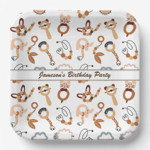 Cute White Toy Boho Pattern Illustration Name Paper Plates