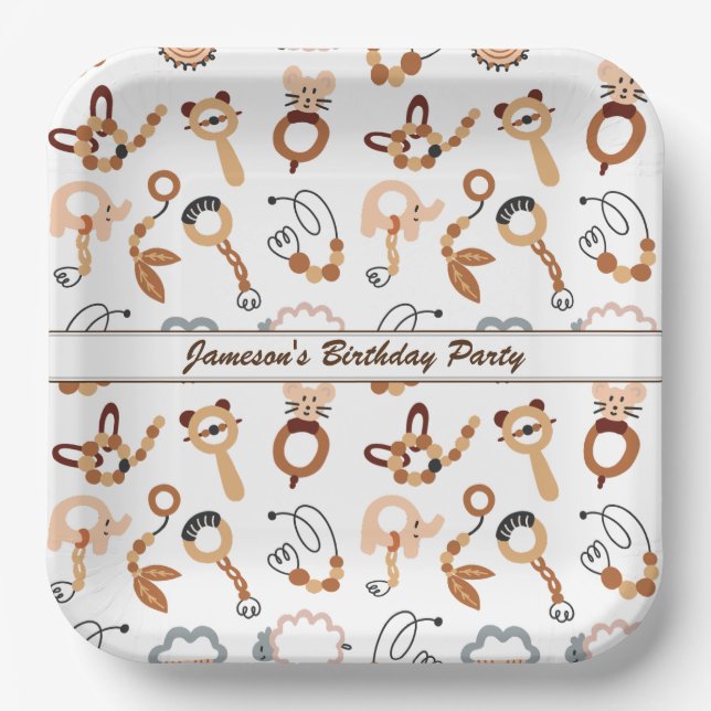 Cute White Toy Boho Pattern Illustration Name Paper Plates (Front)
