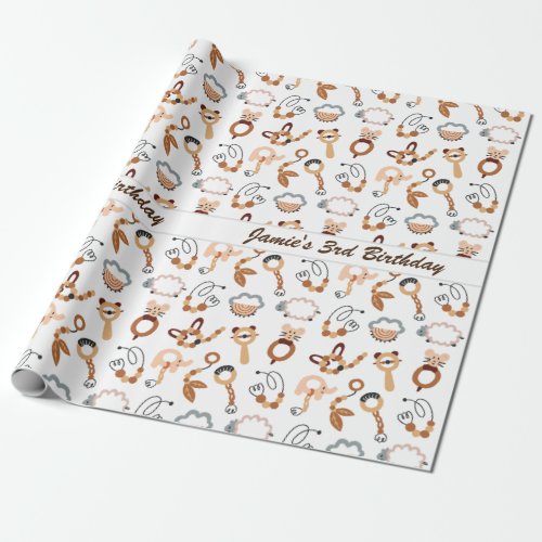 Cute White Toy Boho Pattern Illustration  Wrapping Paper