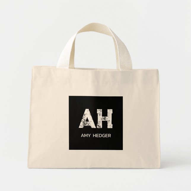 CUTE WHITE TWO LETTER MONOGRAM NAME NATURAL BLACK MINI TOTE BAG (Front)