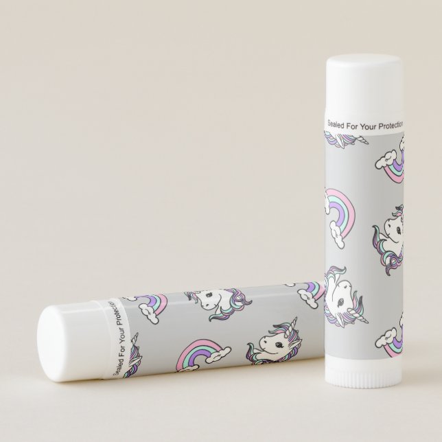 Cute White Unicorn and Rainbow Illustrated Pattern Lip Balm (Front)