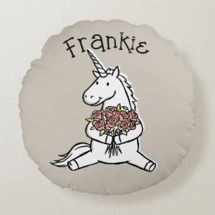 Cute White Unicorn and Roses Custom Name Girls Round Pillow
