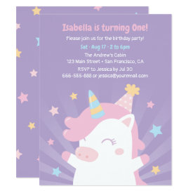 Cute White Unicorn And Stars Girls Birthday Party Card