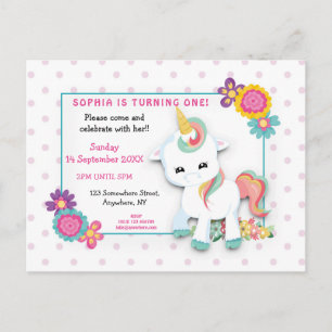 Cute White Unicorn Dots First Birthday Invitation Postcard